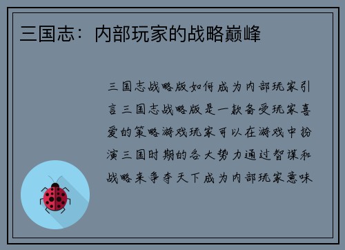 三国志：内部玩家的战略巅峰